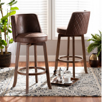 Baxton Studio RDC782SW-BrownWalnut-BS-2PC Set Baxton Studio Adams Modern Transitional Distressed Brown Fabric Upholstered and Walnut Brown Finished Wood 2-Piece Bar Stool Set